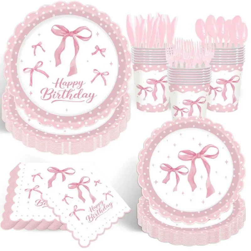 80/140pcs Disposable Tableware Set, Pink Bowknot Theme Party Decoration Supplies, Birthday Party Decoration Accessories Supplies