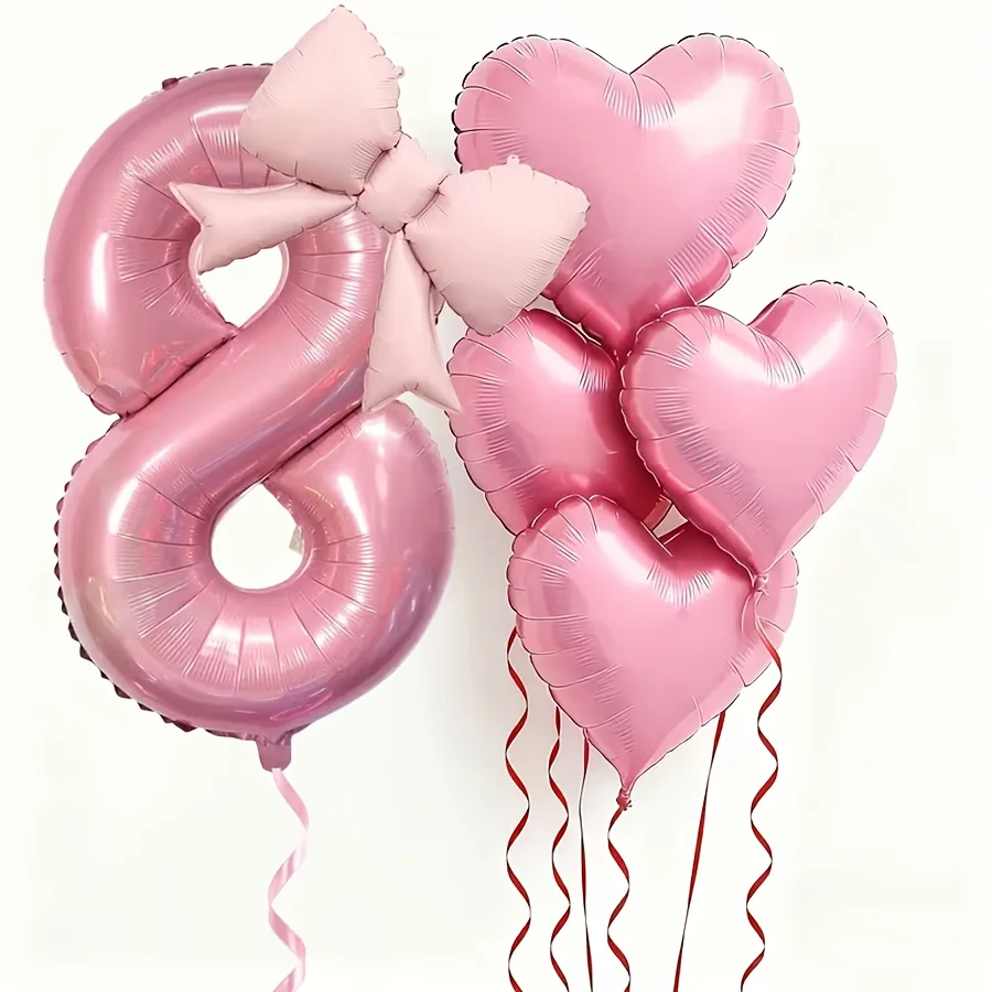 7-teiliges Set Rosa Zahlen-Herzballons 0-9 mit Schleifen für Geburtstag Hochzeit Valentinstag Party-Dekoration Rosa Party-Zubehör Passend – Detail 11