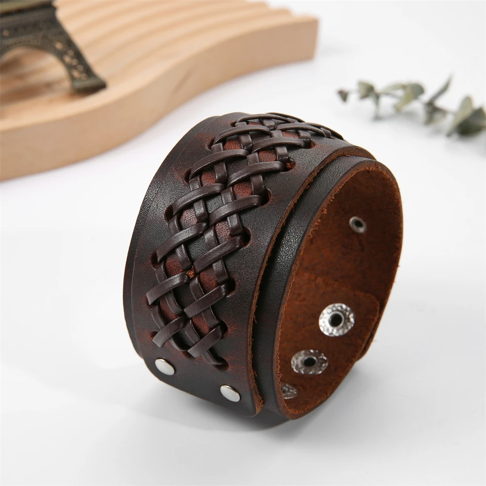 

2023 Vintage Jewelry Handmade Weave Genuine Leather Bracelet Men Charm Cuff Wide Leather Bracelet Pulsera Hombre