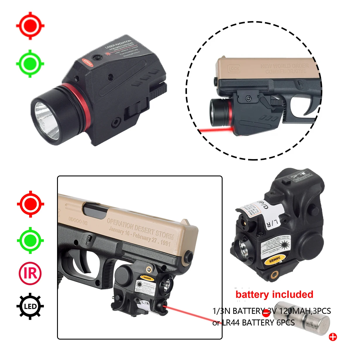 Mini LED Flashlight Green Red Lasers Sight For Compact Pistol Glock 17 19 Pistol Gun Light Weapon Scout Light 20mm Pictinny Rail