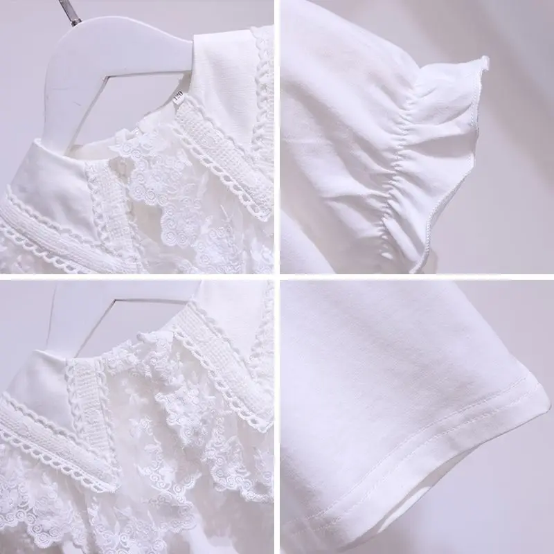 White Girls Short Sleeve T-Shirt Summer New Cotton Teen Kids Lace Lapel Blouse Cheildren School Clothes Tops 3-12 Y