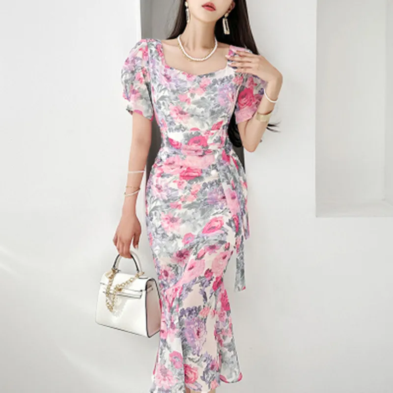 

Женское платье со шнуровкой, элегантное платье средней длины с квадратным вырезом и модным принтом, лето 2023