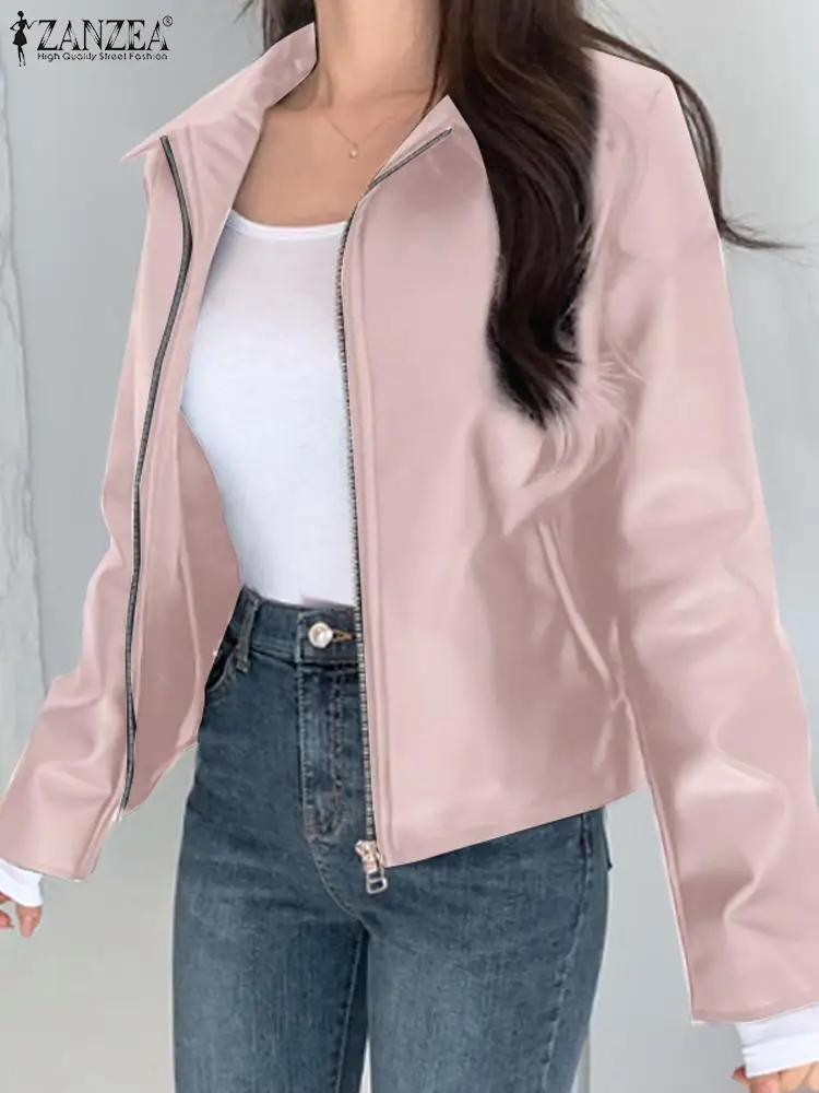 

ZANZEA Women Zipper Coats Casual Long Sleeve Jackets Fashion PU Leather Blazer Suit Autumn Turn Down Collar Solid Color Outwear