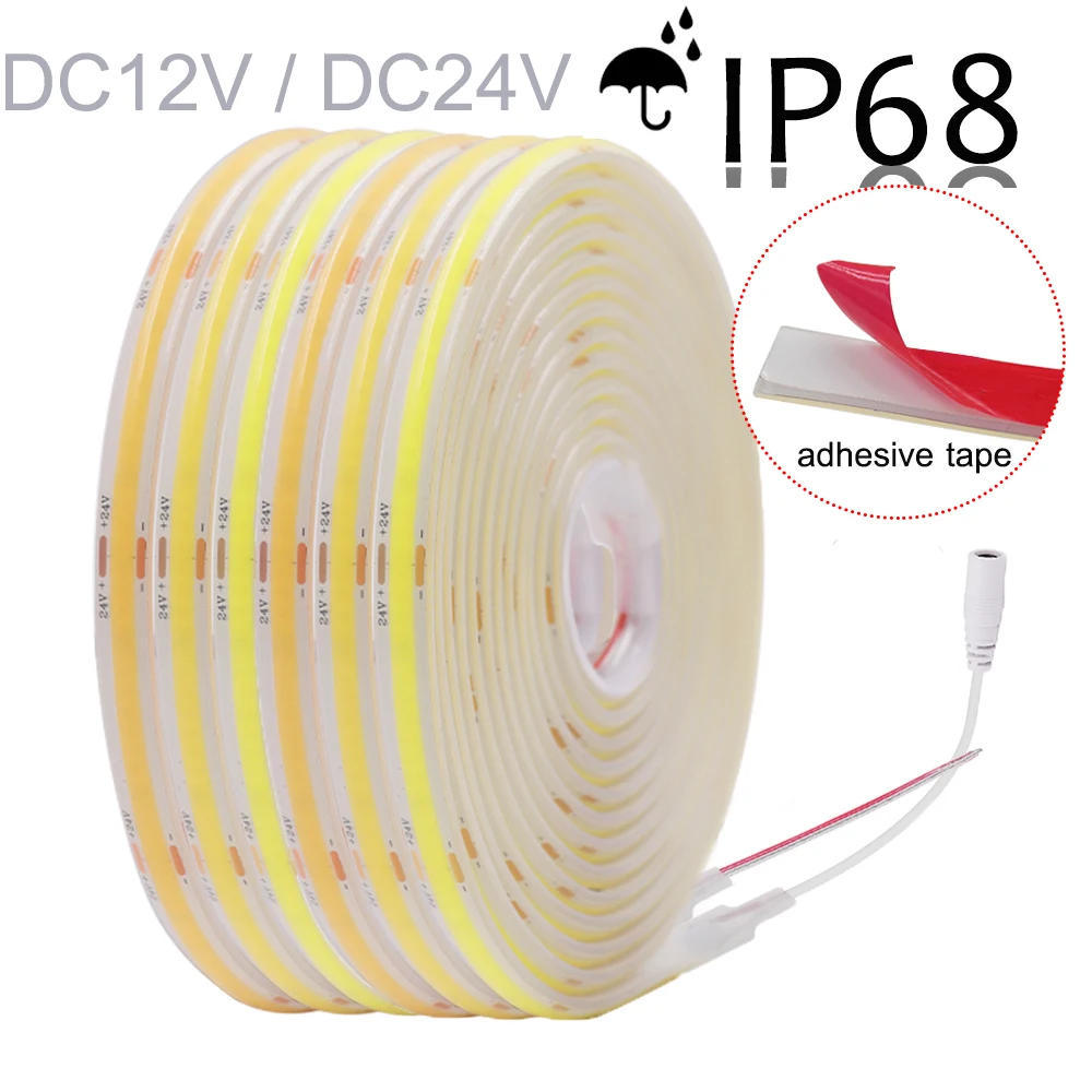 

IP68 Waterproof COB LED Strip Light 12V 24V Flexible Tape FOB Light 320LEDs/m High Density High Bright Linear Lighting 10m 20m