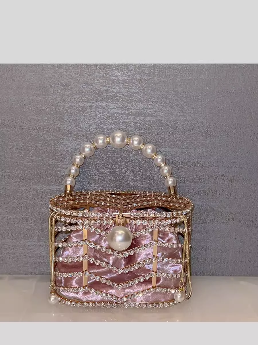 

Pearl Handle Metal Hollow Out Basket Bag Glitter Rhinestone Handbag French Silk Pocket Bucket Bag Luxury Wedding Prom Clutch Bag