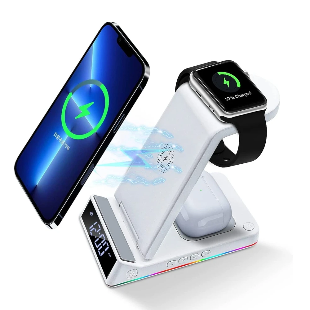 Wireless Charger 3 in 1 15W Qi Faster Charging Station With Lamp/Clock For iPhone 14 Plus 13 12 11 Pro Max X iWatch 8 7 AirPods