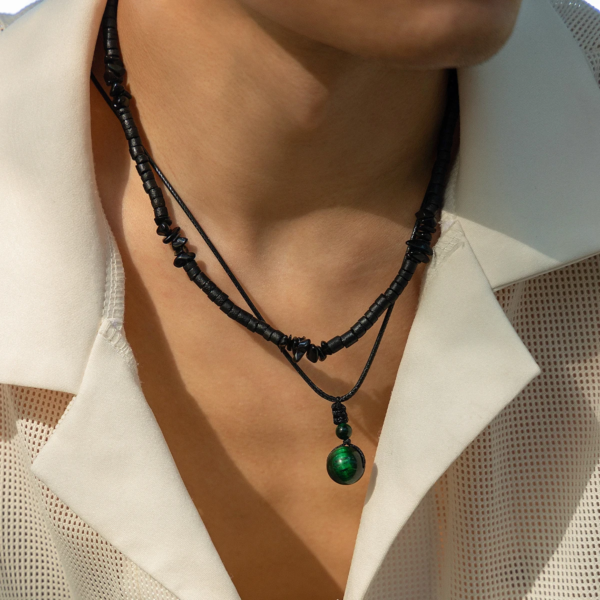 Ingemark 2 teile/satz klassische stein anhänger choker halskette für männer vintage kokosnuss holz perlen kette ästhetischer männlicher hals schmuck neu – Detail 5