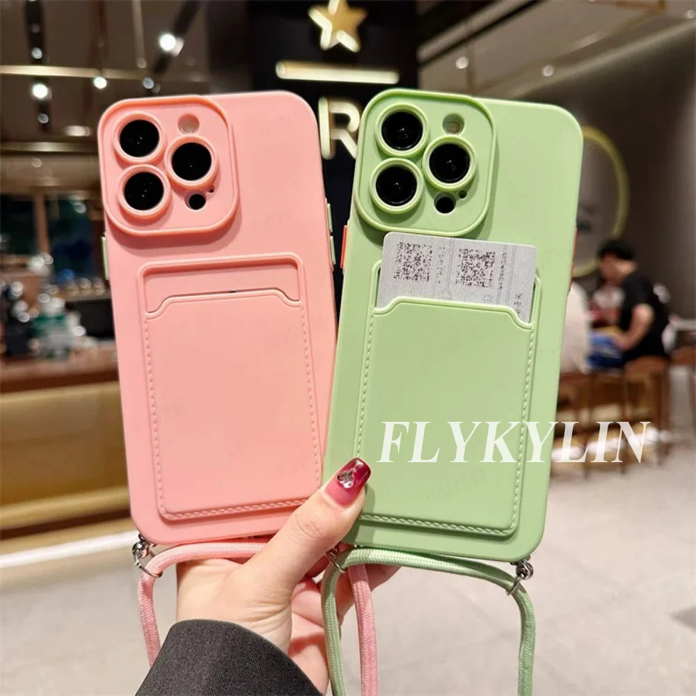 Flat Rope Solid Color Card Holder Phone Case with Soft Silicone and Hanging Rope Design