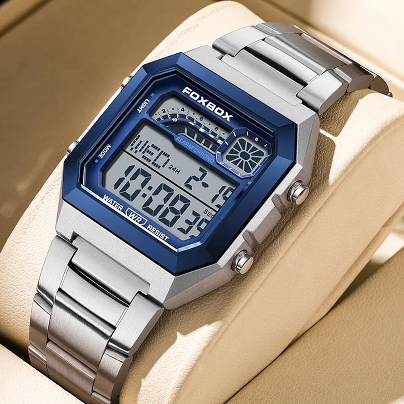 FOXBOX New Luxury Retro Digital Sports Watch for Men Square Stainless Steel Waterproof Mens Wristwatches LED Electronic Clock