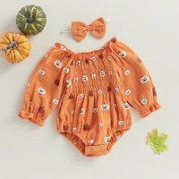 Citgeett Autumn Halloween Infant Baby Girl Jumpsuit Cartoon Pumpkin Print Off Shoulder Long Sleeve Bodysuit + Bow Headband 4