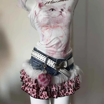 Y2k  Leopard Mini Skirt Patchwork Denim American Vintage 2000s Sexy Subculture Harajuku Streetwear Style Random Denim Summer 1