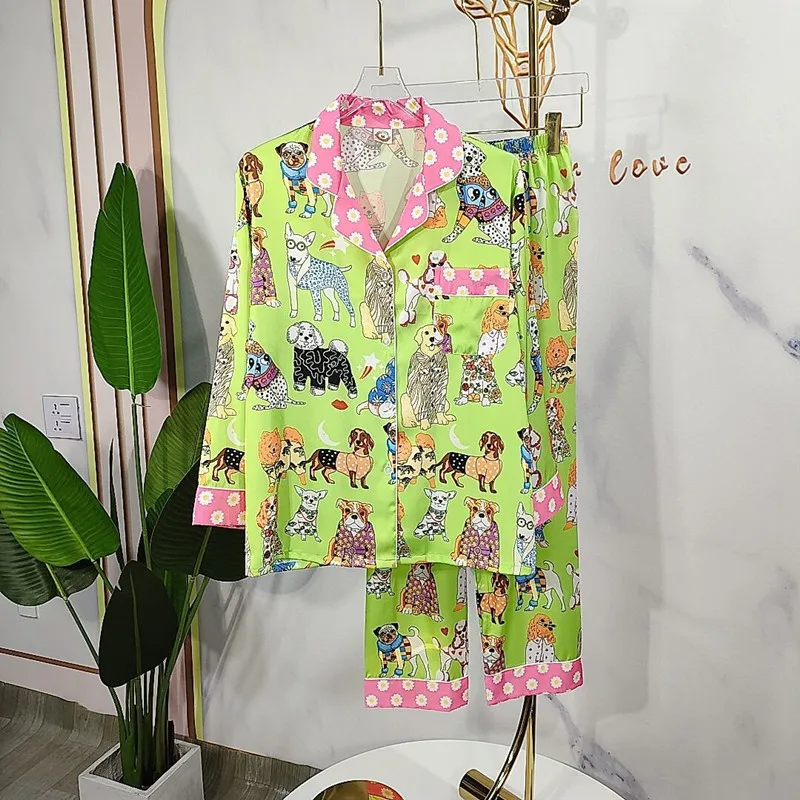 Autumn Silk Sleepwear Green Cartoon Print Women Pajamas Set Long-sleeved 2 Pcs with Trousers Satin Cardigan Home Clothes Female