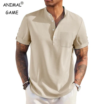 Summer Men's Casual Henley Shirt Short Sleeve Band Collar Cotton Shirt Beach Hippie T-Shirts with Pockets Outdoor Streetwear
