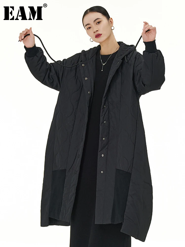 

[EAM] Black Big Size Hooded Cotton-padded Coat Long Sleeve Loose Fit Women Parkas Fashion Tide New Autumn Winter 2023 1DH3303