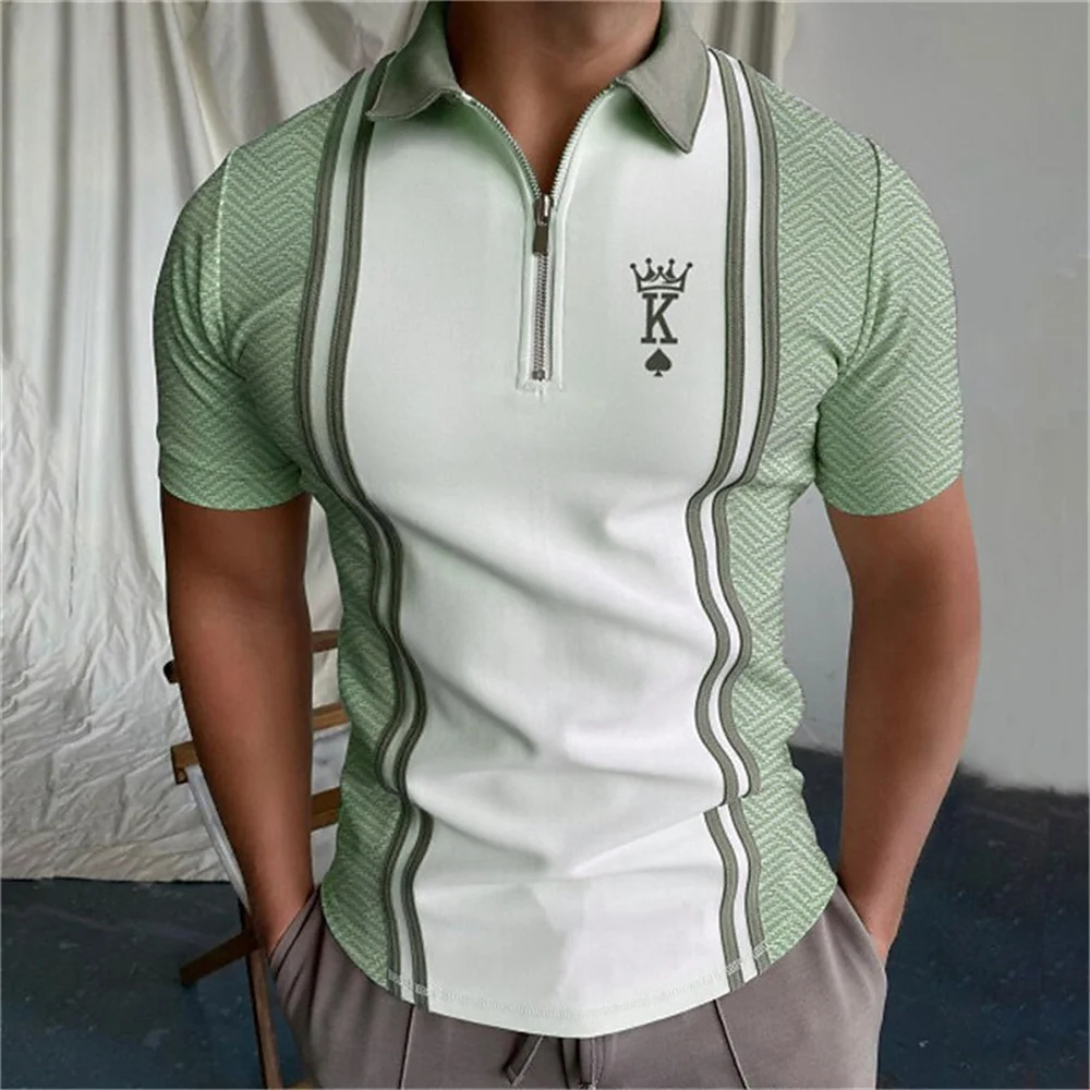 

2023 Letter King 3d Print Graphic Men'S Zip Polo Caucal Stripes Lapel Simple Polo Shirt Man Golf Shirts Short Sleeves Top Summer