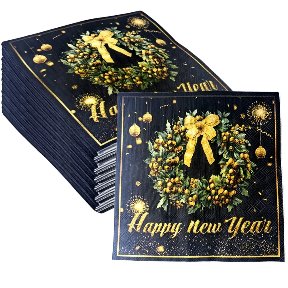 New Year Cocktail Napkins 20/40/60pcs Happy New Year Napkins Black and Gold Disposable Party Decors paper napkins