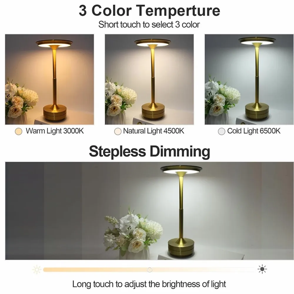 LED 알루미늄 합금 방수 충전식 책상 램프, 터치 디밍 금속 테이블 램프, 바 거실 독서 캠핑 조명