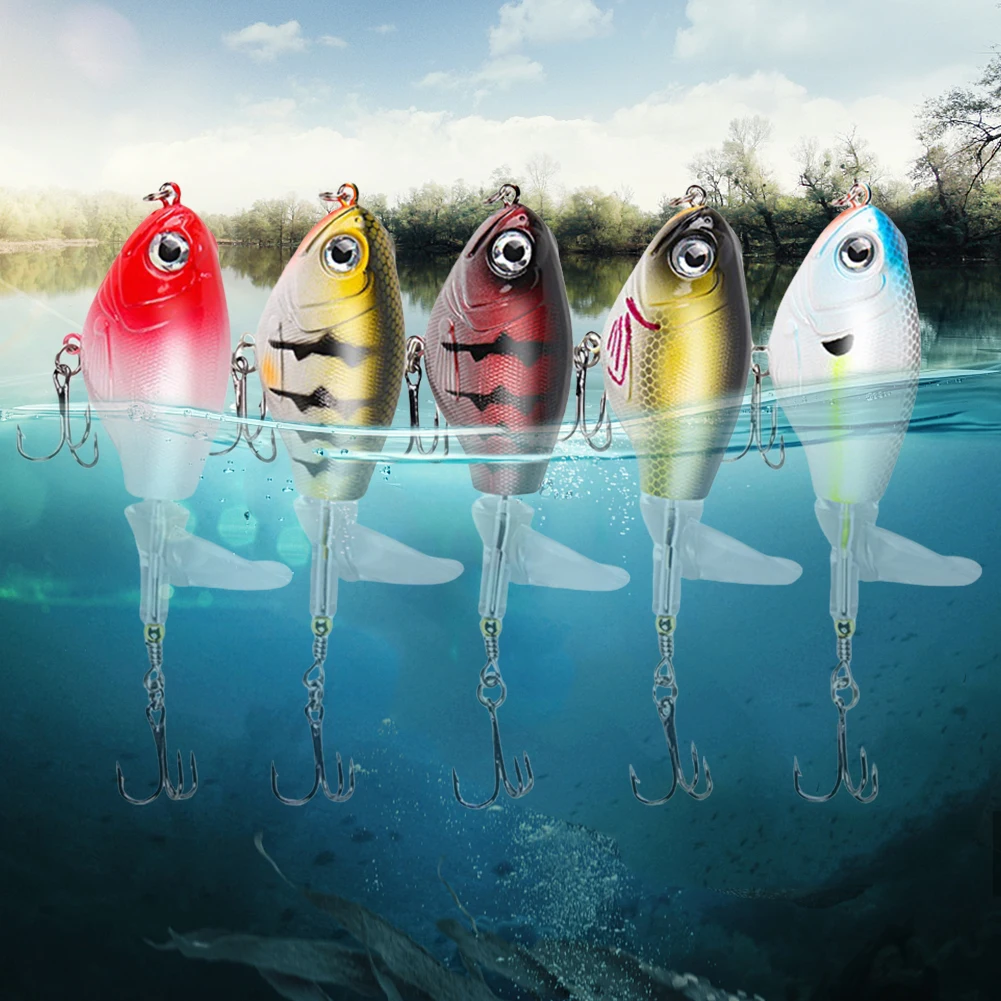 5pcs Whopper Popper Fishing Lures with Rotating Tail Artificial Bait Floating Wobblers Fishing Bait for Trout Bass Black Fish 2