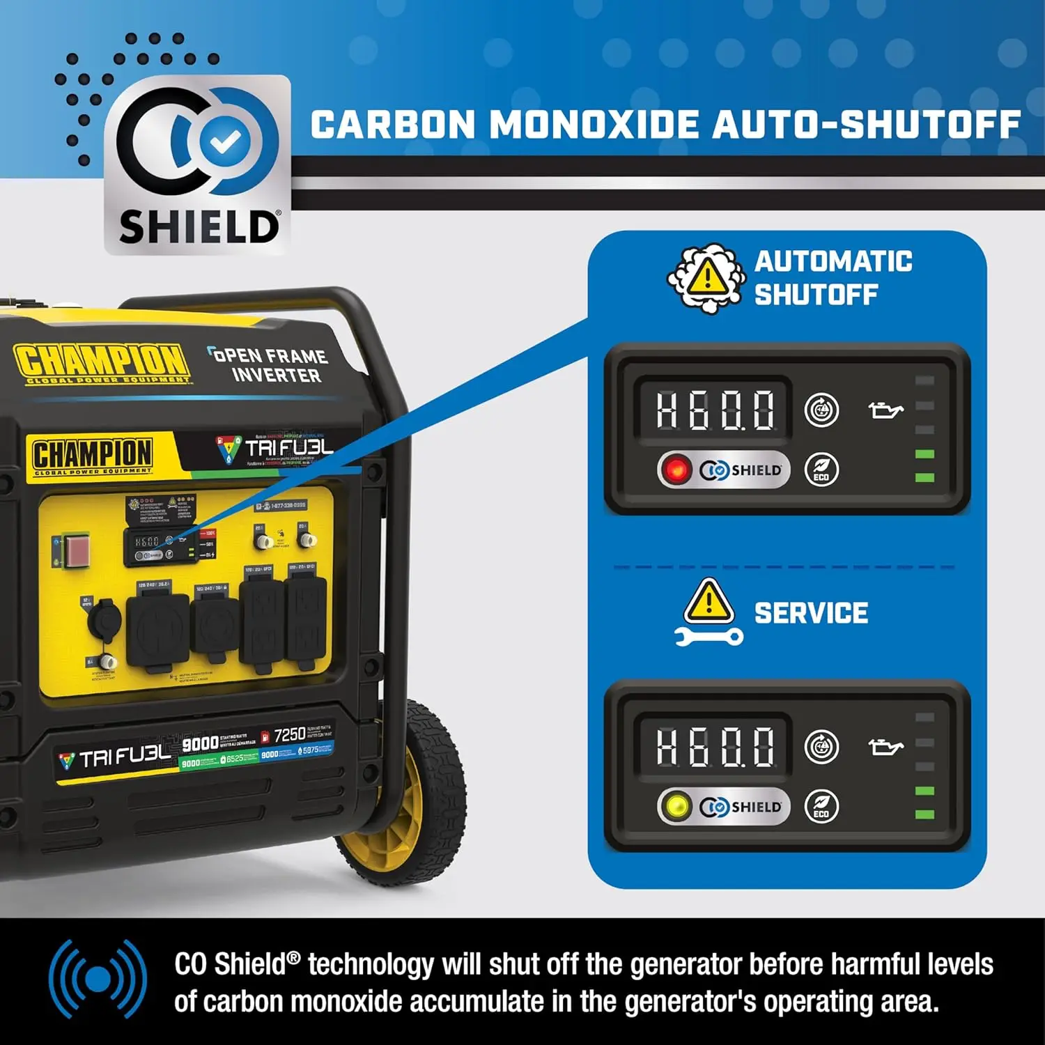 9000-Watt Electric Start Tri Fuel Home Backup Portable Open Frame Inverter Generator with Quiet Technology and CO Shield