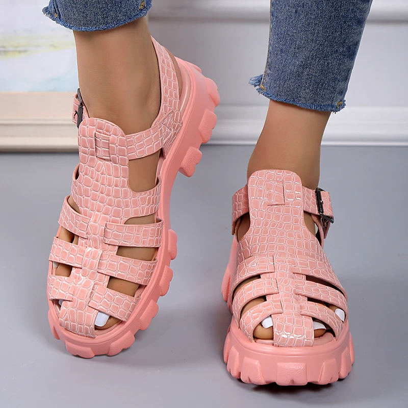 Women Gladiator Narrow Band Cross-tied Platform Square Heel Peep Toe Rome Design Sandals Women Sandals
