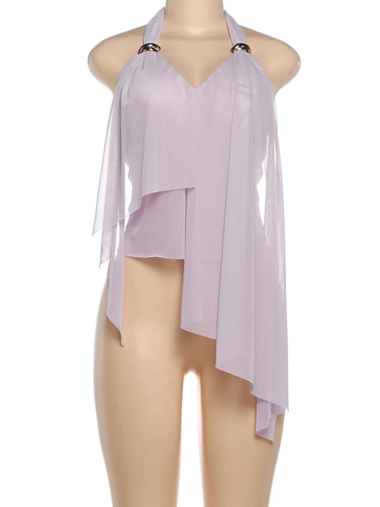 Nibber Elegant Metal Trim Tank Tops Woman Mesh Patchwork Halter Low-Neck Backless Ruched Ruffles Decoration 2026 New Style Vests