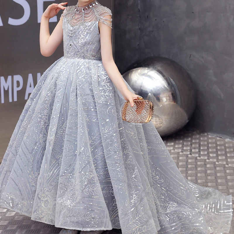 High End Exquisite O-Collo Luxury Shinny Beading Nappa Design Girl Vestidos Slim Waist A-Line Cascading Ball Gown Tailing Dress