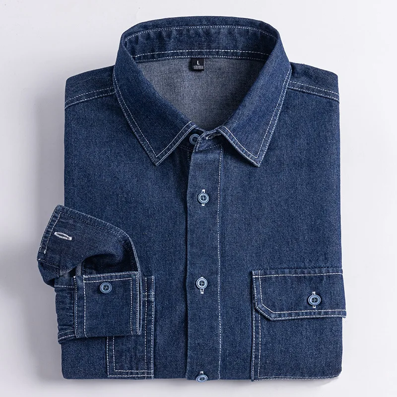 

Spring and Autumn Double Pocket Denim Shirt Men's Retro Washed Long Sleeve Shirt Casual Versatile Fashionable Trendy Men's Top