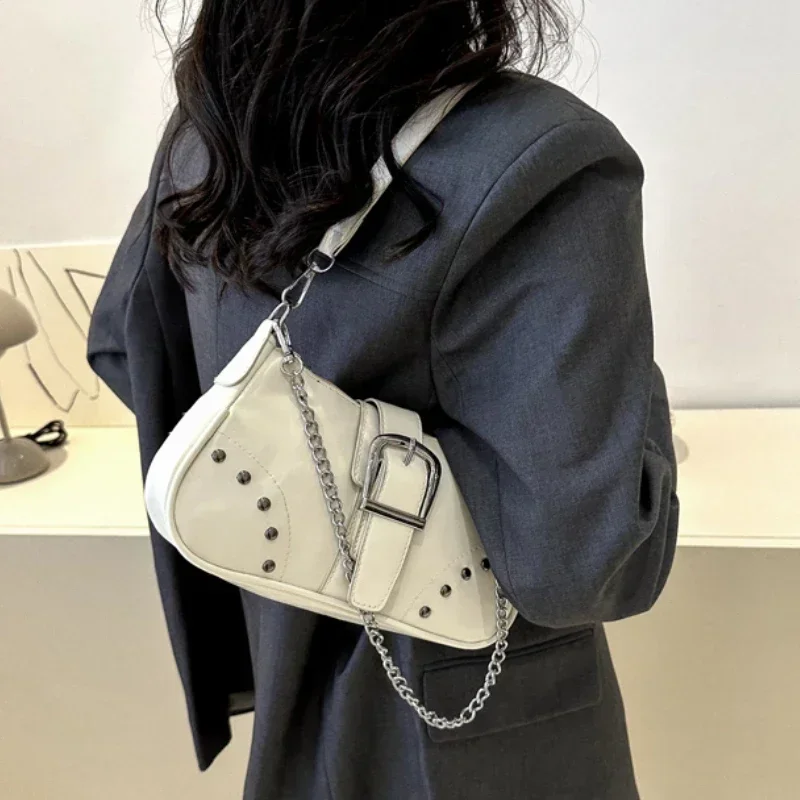 

Vintage Rivet Women's Shoulder Bags Solid Color Ladies Underarm Bag Fashion Chain Small Handbags PU Leather Female Tote Purse