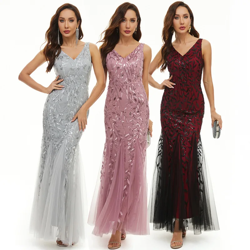 

Embroidered sequin evening dress banquet light luxury banquet sexy sleeveless slim fit mesh fishtail dress bridesmaid dress