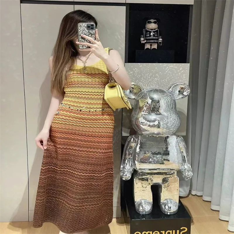 

Gradient Stripes Women Knit Sling Dress Sleeveless Off-shoulder Sexy Slim 2024 New Vintage Summer Fashion Female Midi Robe