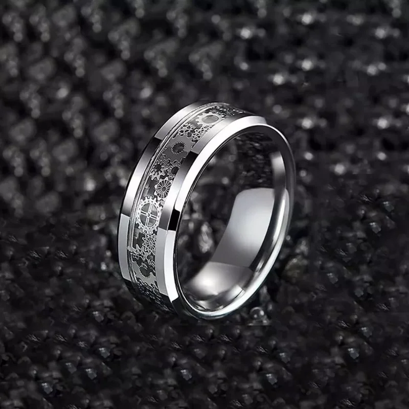 Stainless Steel Ring Men Steampunk Gear Wheel Inlay Carbon Fiber Rock Punk Wedding Band Jewelry