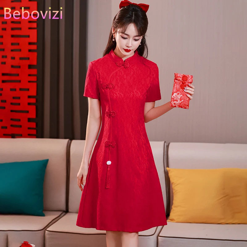

Traditional Chinese High-End National Style Lace Improved Cheongsam Summer Temperament Slim Red Qipao Wedding Dress New Year CNY