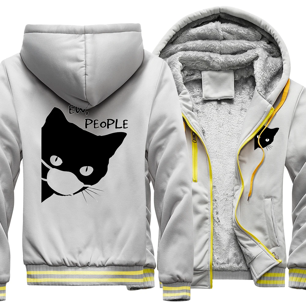 

Ew People Black Cat Wear Mask Printing Men Zipper Coat Cartoons Kawaii Clothing Winter Thicken Raglan Sleeve Casual Mans Clothes