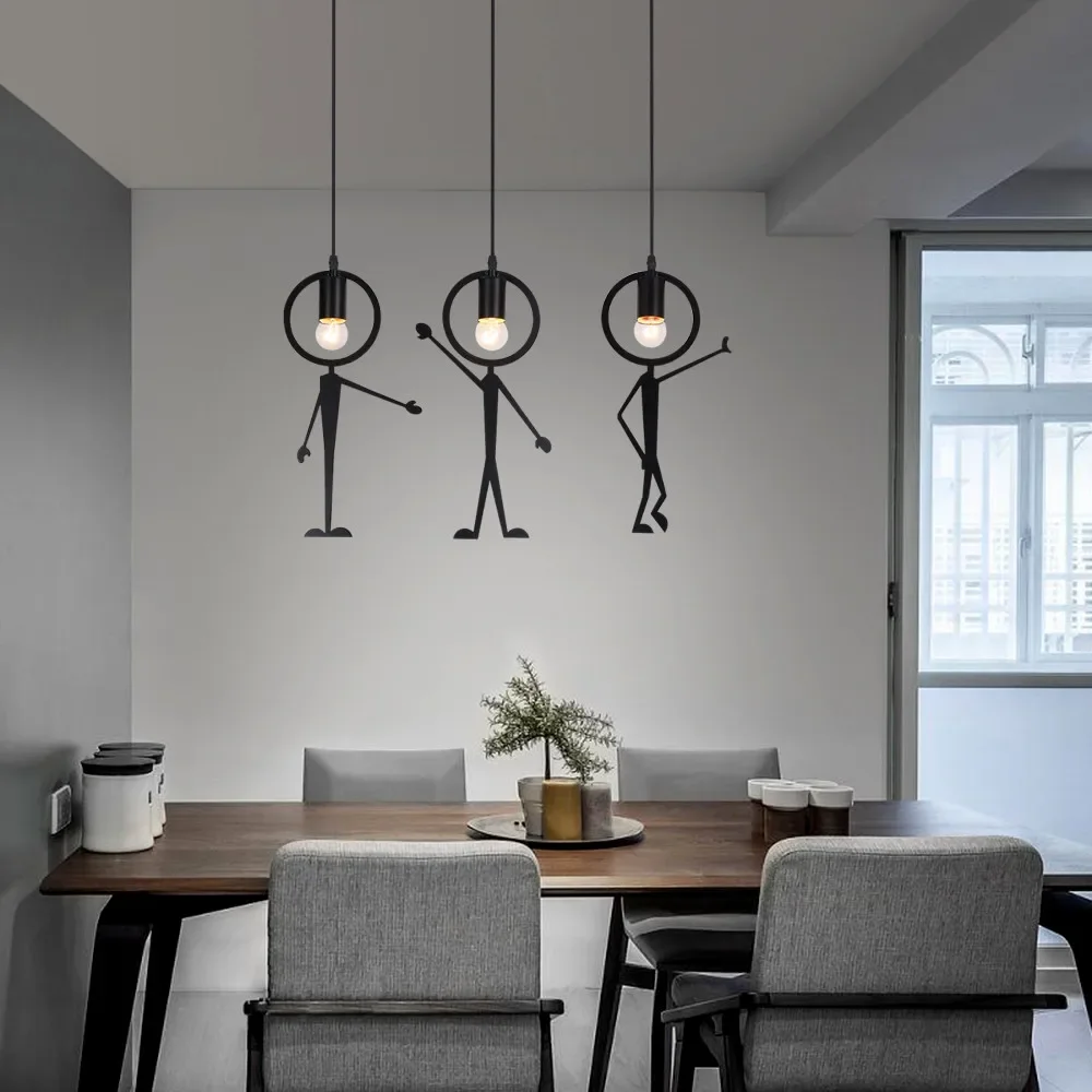 Vintage Iron Little Man Modern Arts Chandelier LED Ceiling Lamp led chandelier ceiling chandelier led pendant light Children Bedroom Black Decora bedroom girl Pendant Lights