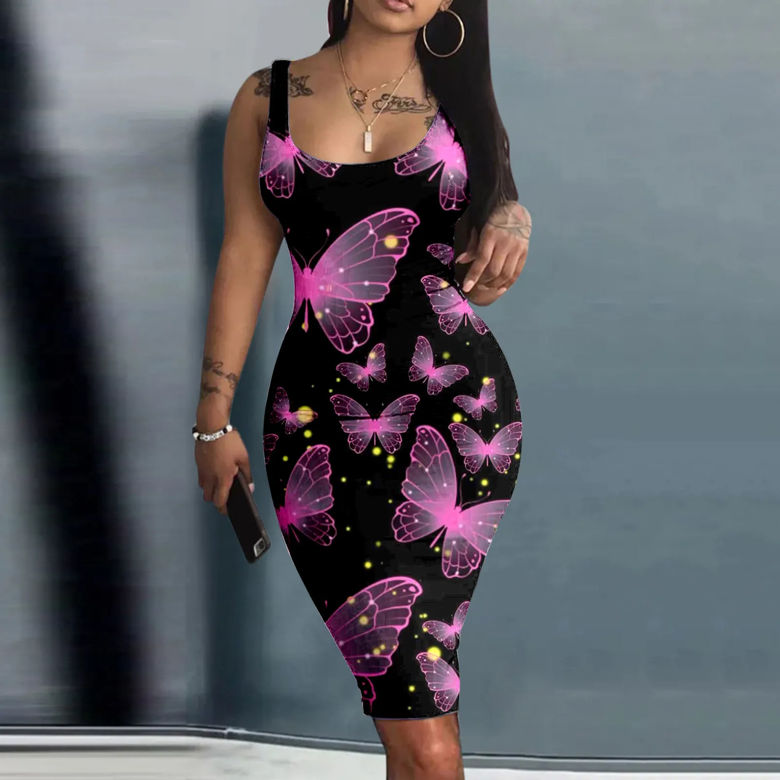 

Women Casual Sexy Round Neck Tank Top Sleeveless Dress Print Casual Midi Dress Long Summer Dress for Women