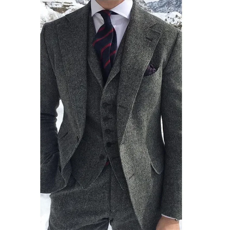 Gray Wool Tweed Men Suits For Winter Wedding Formal Groom Tuxedo 3 Piece Herringbone Male Fashion Set Jacket Vest with Pants