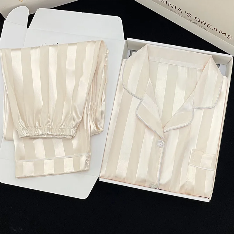 Striped Ice Silk High-end Pajamas for Women Spring and Autumn