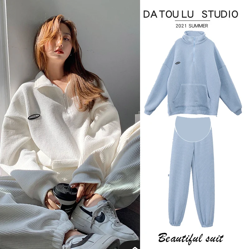 Korean Style 2025 Autumn Casual Mayernity Clothes Set Waffle Pants Suit Half Zipper Fly Hoodies Long Trousers Pregnant Woman Set