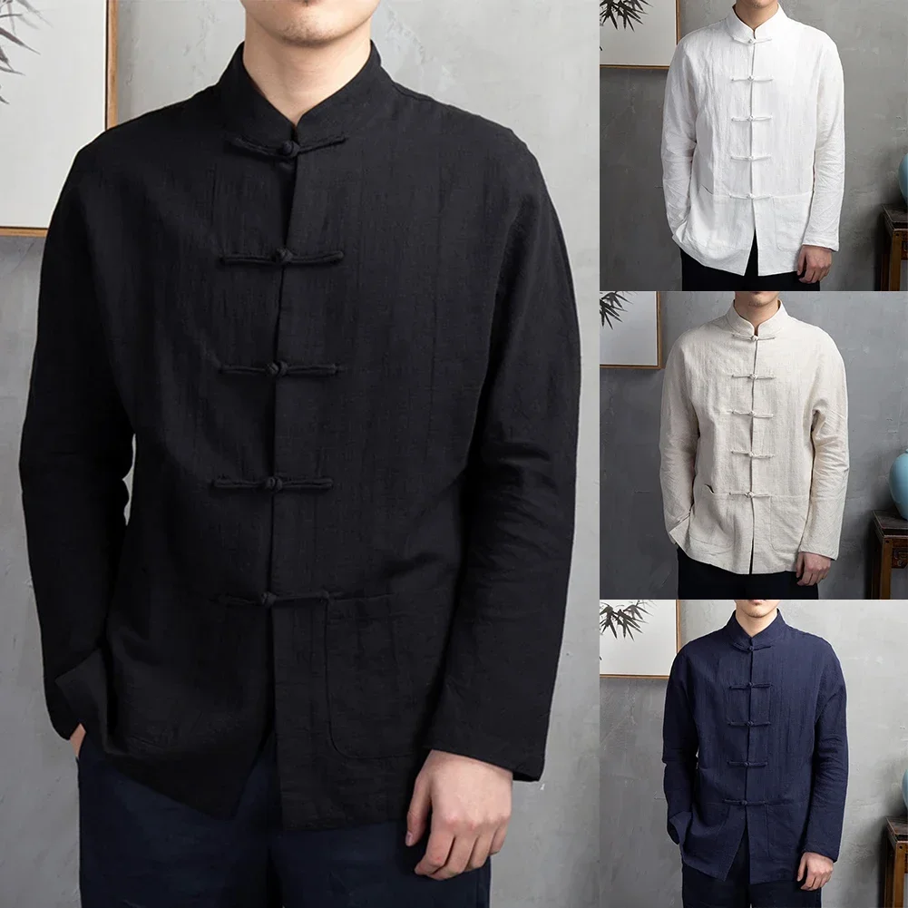 Men Chinese Traditional Kung Fu Tai Chi Coat Tang Suit Uniform Jacket Long Sleeve Blouse Retro Shirt Button Up Hanfu