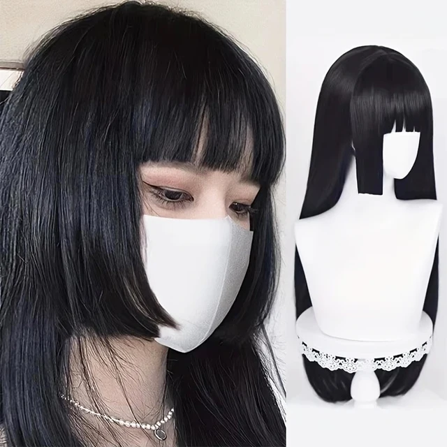 Perruque synthétique noire longue et droite naturelle avec frange, perruque de cosplay Lolita pour femmes, fibre résistante à la chaleur, perruque de fête quotidienne pour femmes 1