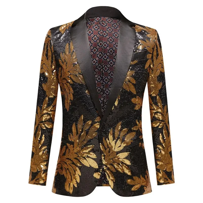 Luxury Gold Sequin Men Tuxedo Blazer Shawl Collar Single Button Wedding Dress Singer Party Male Suit Jacket New Fashion Man Coat