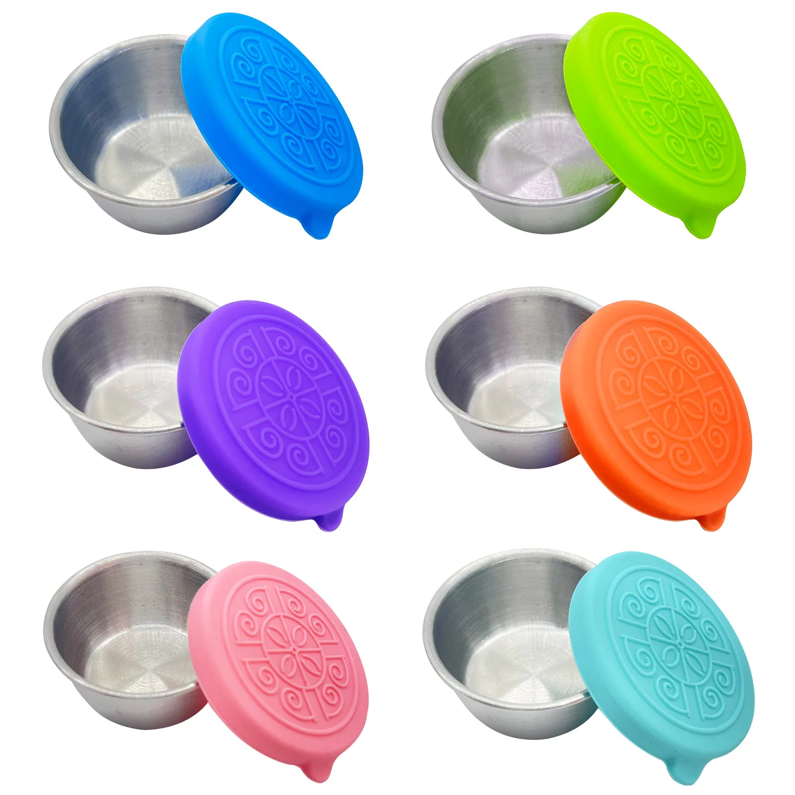 

6pcs Sealed Silicone Lid Sauce Cup Stainless Steel Small Seasoning Bowl Salad Dipping Leak-Proof Saucer Box Kitchen Tableware