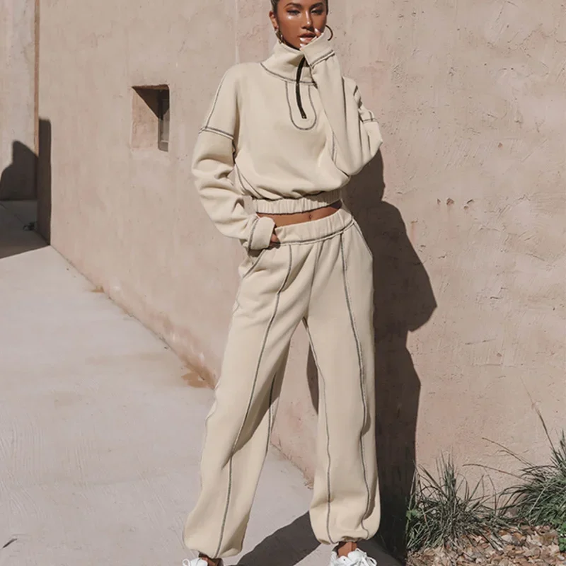 Long-sleeved Patchwork Cropped Casual Sweatshirt Sweatpants 2-piece Set Autumn and Winter Women's Jogging Pullover Sportswear