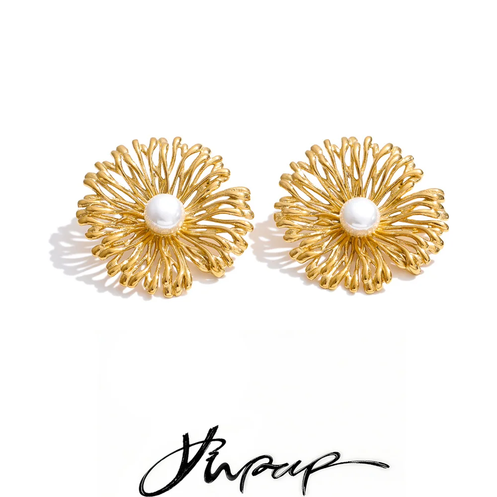 Yhpup Earrings Stainless Steel Pearls Flower Stud
