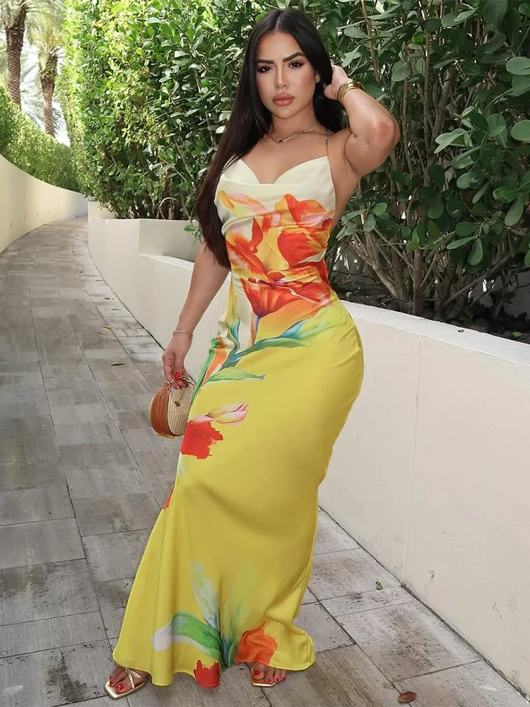Weird Puss Floral Print Sexy Lace-Up Backless Dress Women Ruched Swing Collar Sleeveless Robe Vacation Trend Beach Party Outfits 3