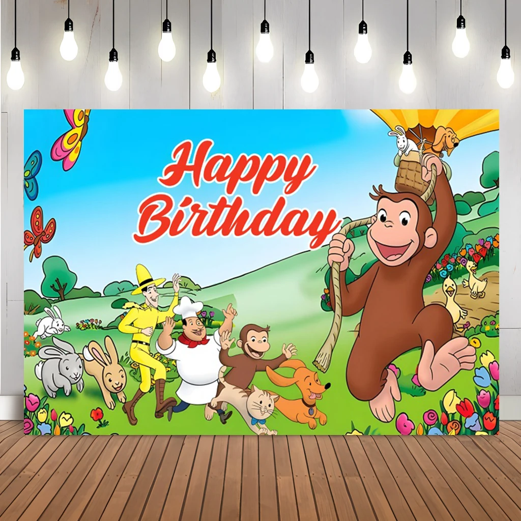 호기심 많은 조지 원숭이 생일 배경막, 어린이 파티 장 포토 부스 소품 포함, 맞춤 배경, 베이비 샤워 선물