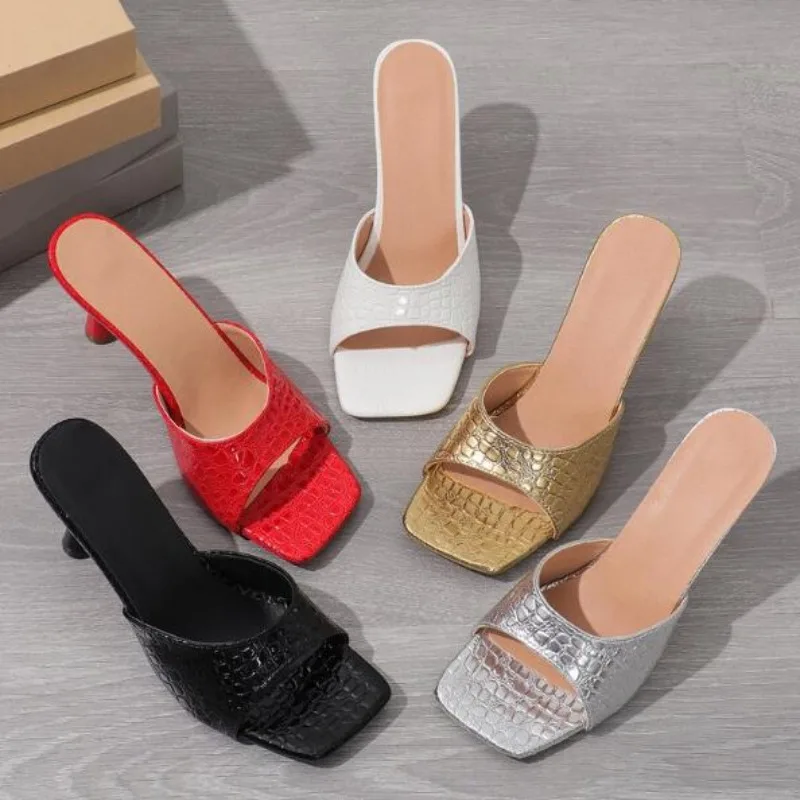 Women High Heels Slippers Summer New Fashion Square Toe Flip Flops Sandals Design Open Toe Slingback Slides Female Pumps Shoes