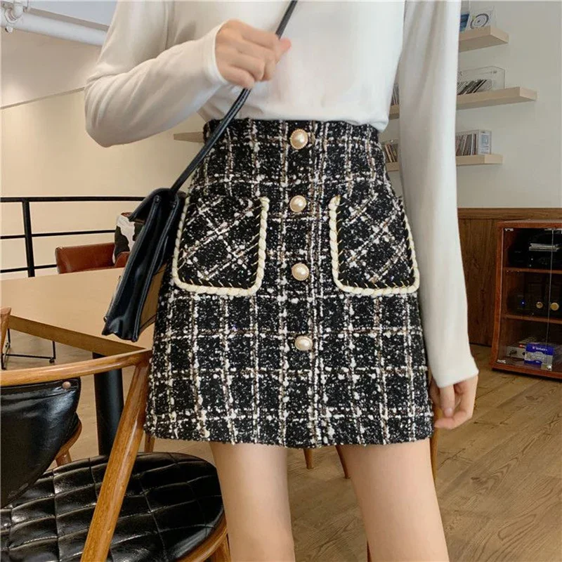 

Fall Winter Plaid Wool Skirt Women Pearl Button Woolen Tweed Mini Skirt Ladies Thicken High Waist Short Skirts Woman