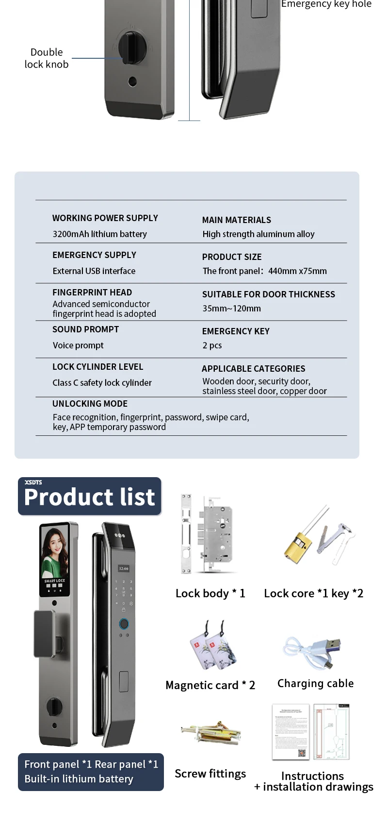 XSDTS Wifi Tuya APP Face Recognition Smart Door Lock with Camera Video Call Voice Intercom Digital Door Lock Automatic Door Lock