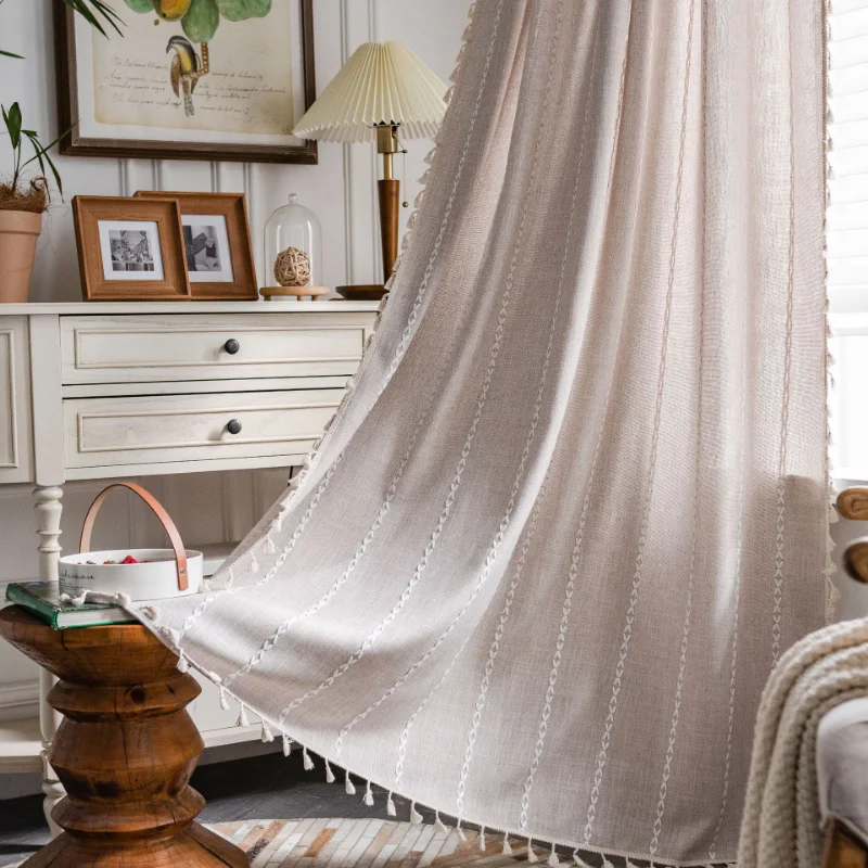

Boho Curtains for Bedroom,Cotton Linen Embroidered Semi Blackout, Bohemian Farmhouse Window Treatment Drape, Handmade Tassels